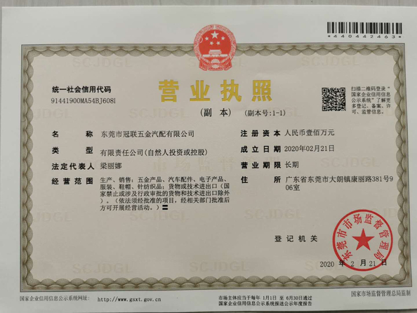 China Dongguan Guanlian Hardware Auto Parts Co., Ltd. certificaciones